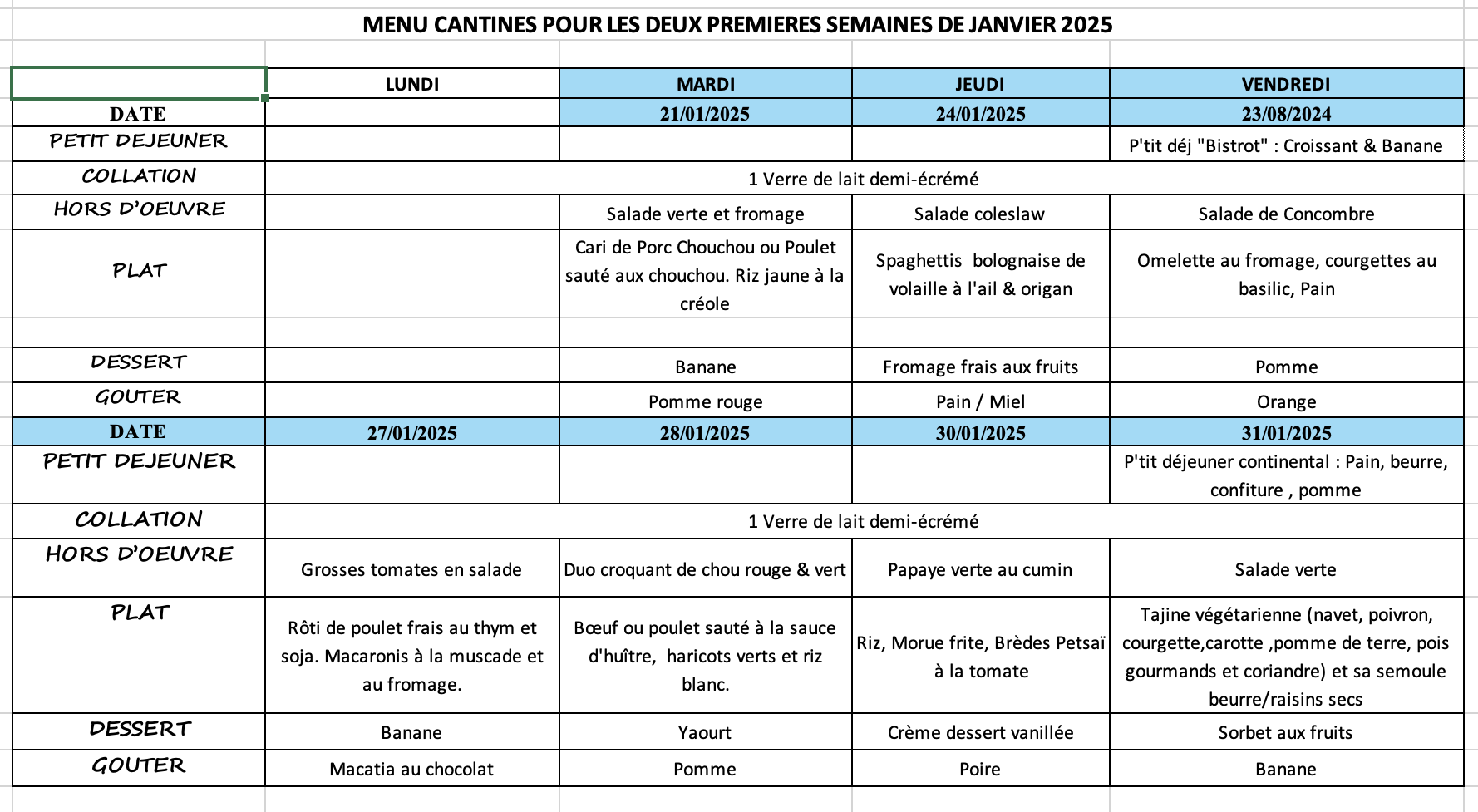 menu cantine JANVIER 2025