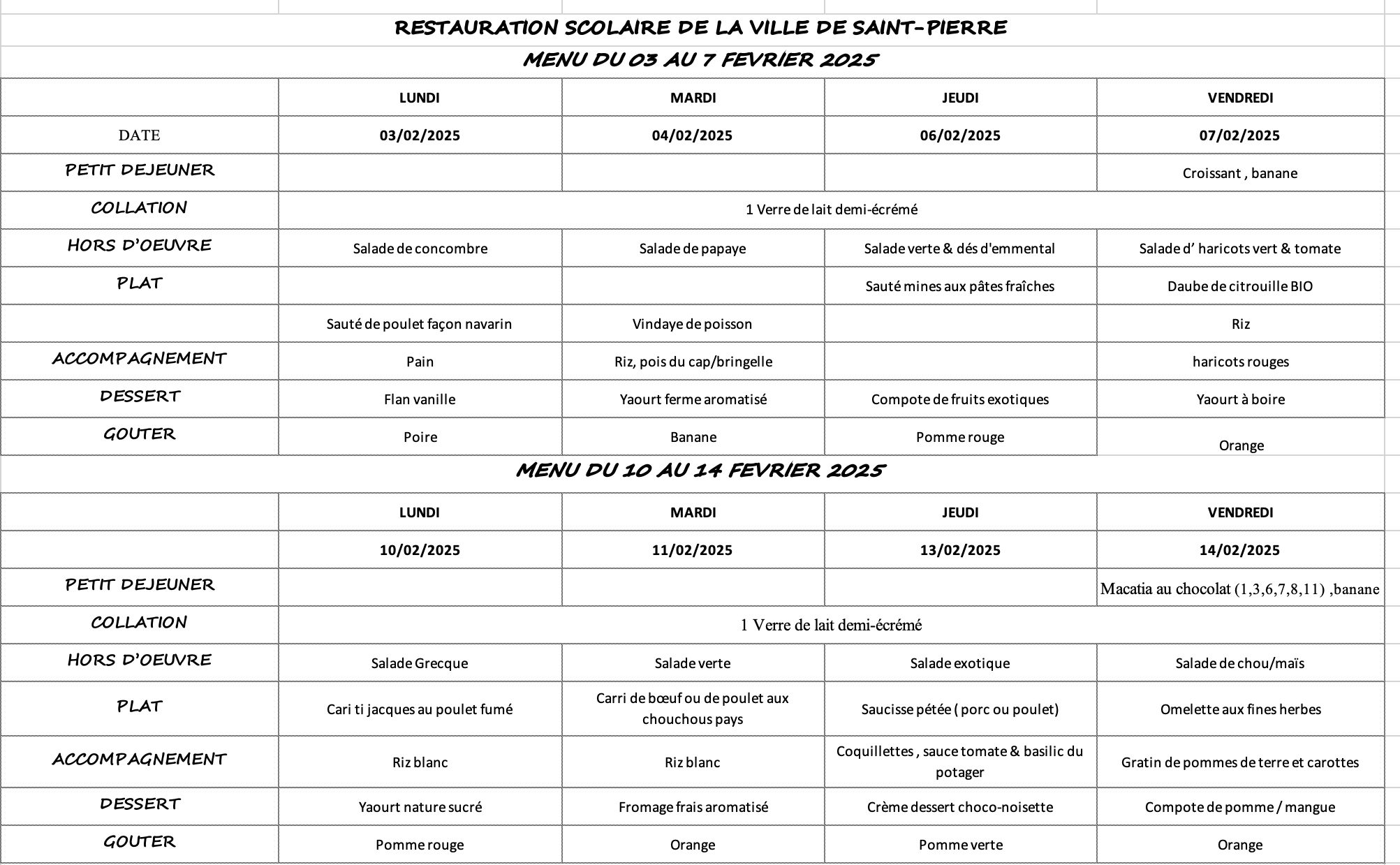 MENU DU 3 AU 14 FEVRIER 2025 CANTINE